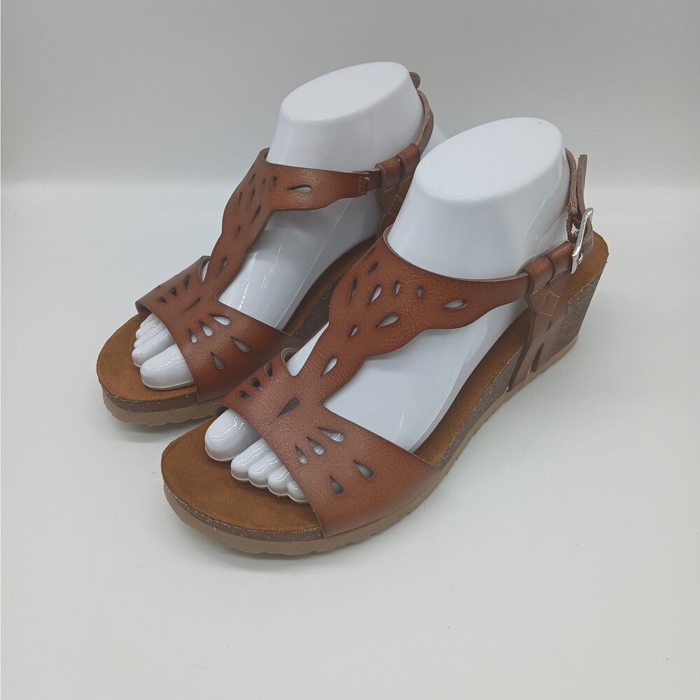 Bjorndal Luna Comfort Vegan Leather Wedge Boho Sandals Brown Size 8.5 NWOB